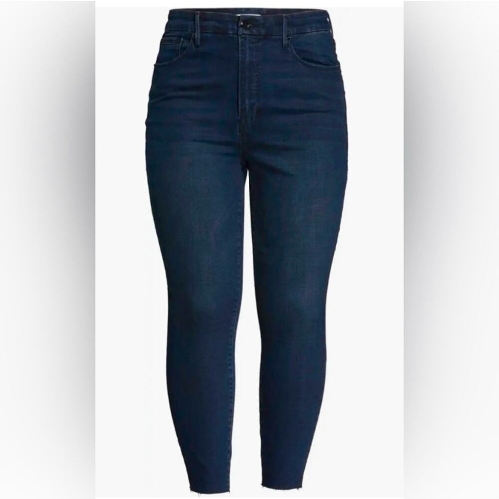 Good American Good Waist Crop Raw Hem Skinny Jeans Dark Blue 18
